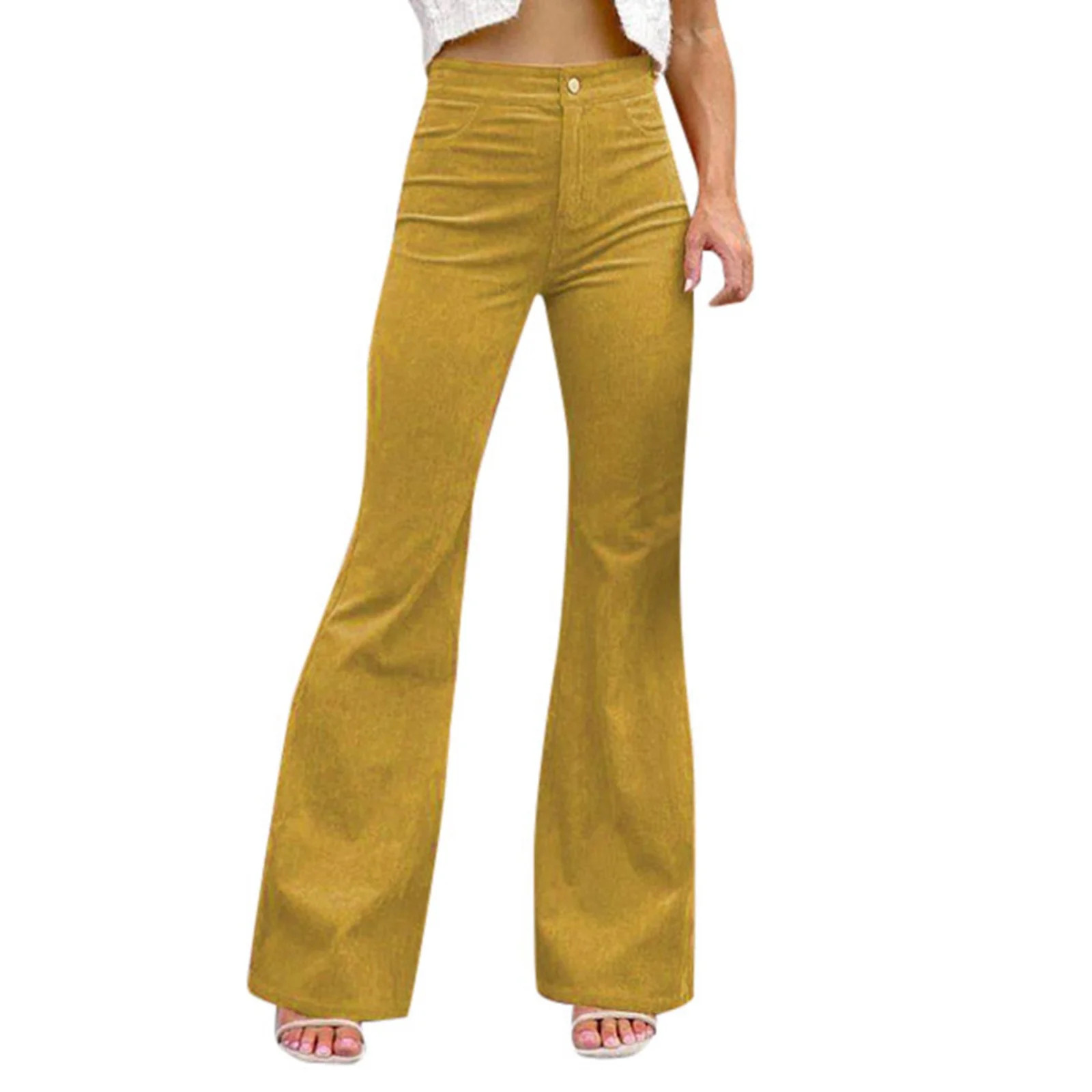 Fauean Trousers for Women Autumn Mid Waist Slim Fit Bell Bottoms Corduroy Casual Pants Yellow Siz... | Walmart (US)