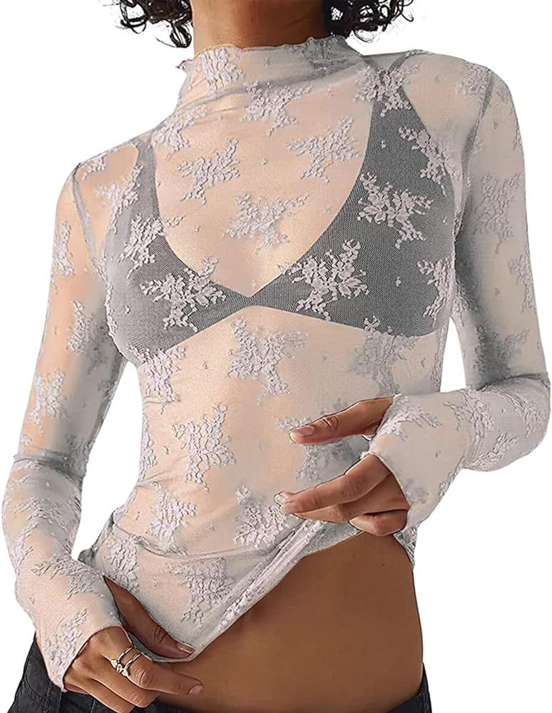 Women's Lace Layering Top Long Sleeve Sheer Mesh Mock Neck Undershirt Y2K Lace Floral Tops See Th... | Amazon (US)