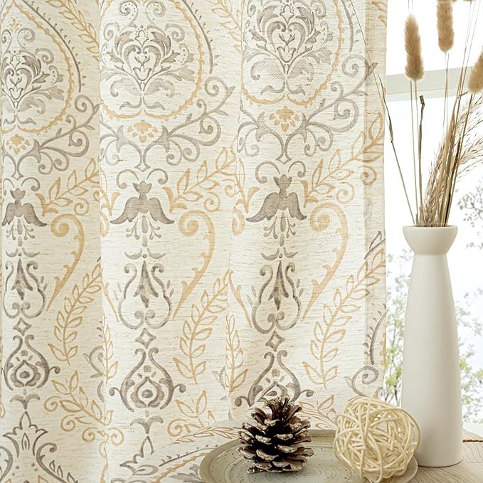 LAMIT Linen Curtains for Living Room 84 Inch Length 2 Panels Set, Vintage Damask Printed Linen Cu... | Amazon (US)