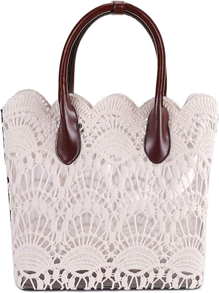 Women Lace Tote Vintage Solid Clear Bag Handbag with Off-White Cotton Lace Fabric | Amazon (US)