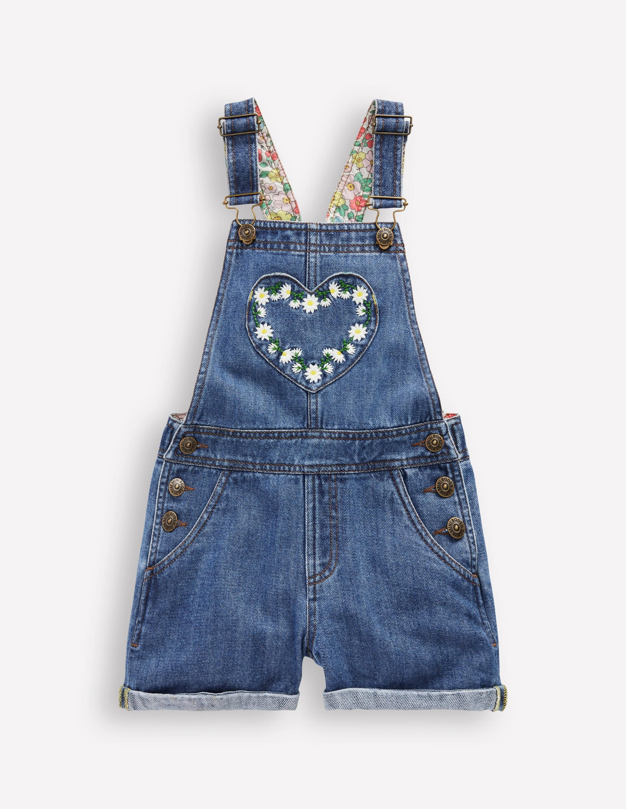 Heart Pocket Short Dungarees-Vintage Embroidered Daisy | Boden (US)