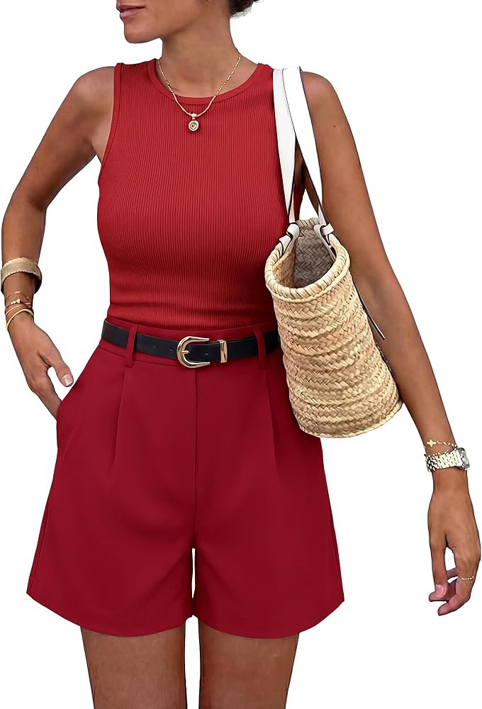 BTFBM 2 Piece Sets for Women Summer 2026 Sleeveless Matching Short Sets Tank Crew Neck Airport Tr... | Amazon (US)