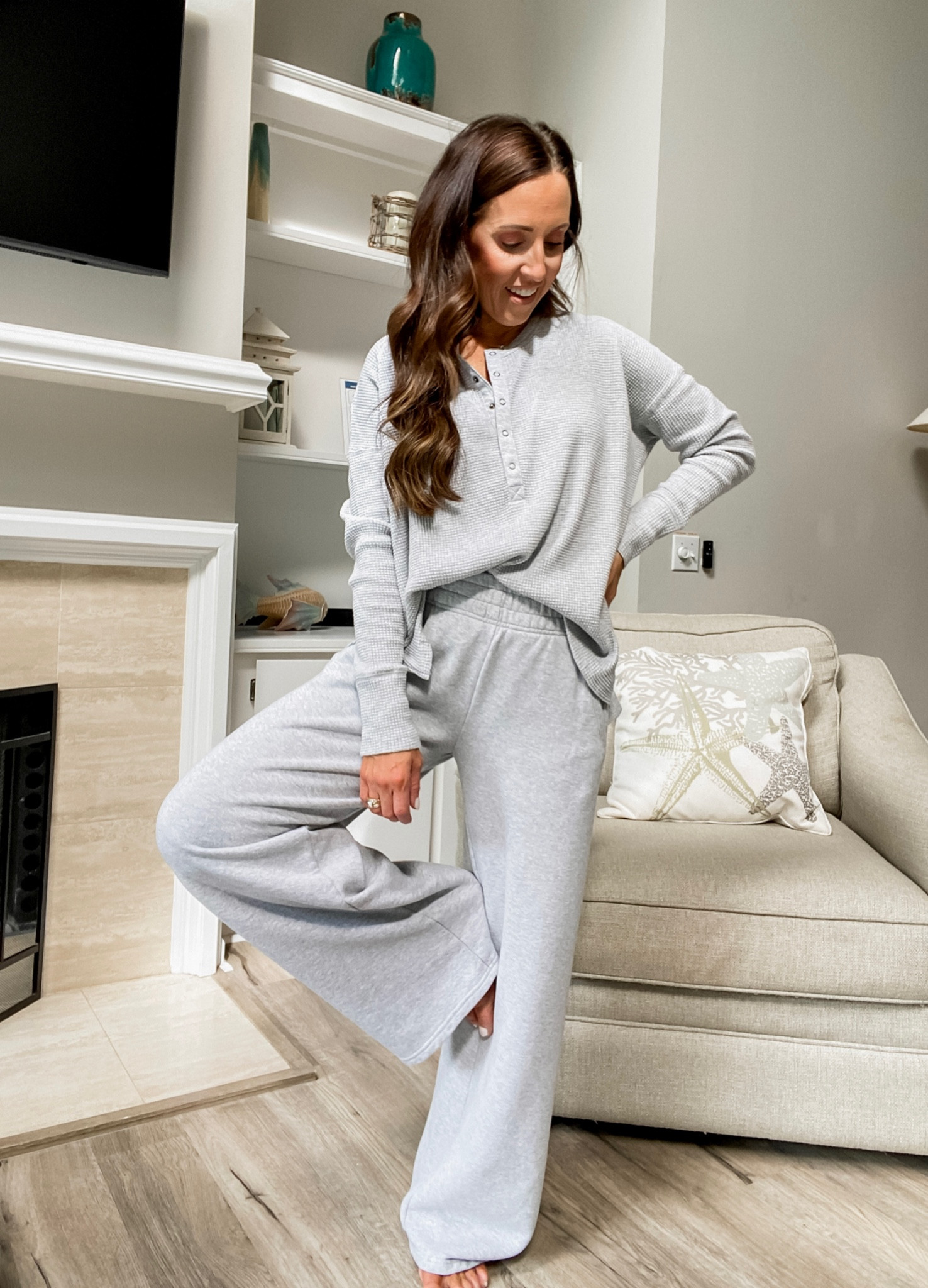 Aerie loungewear. Aerie 30% off sale. Wide leg sweatpants. Waffle knit Henley. Athleisure. 
Top S. Pants S

#LTKsalealert #LTKCyberweek