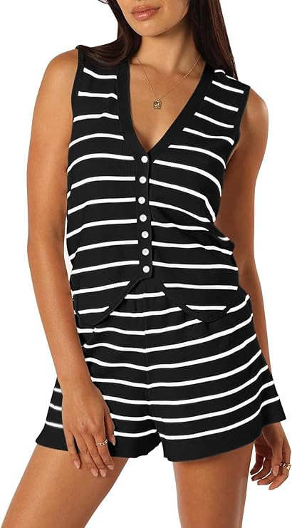 Pink Queen Vest Sets Women 2 Piece Outfits 2025 Summer Casual Knit Loungewear Sleeveless Button D... | Amazon (US)