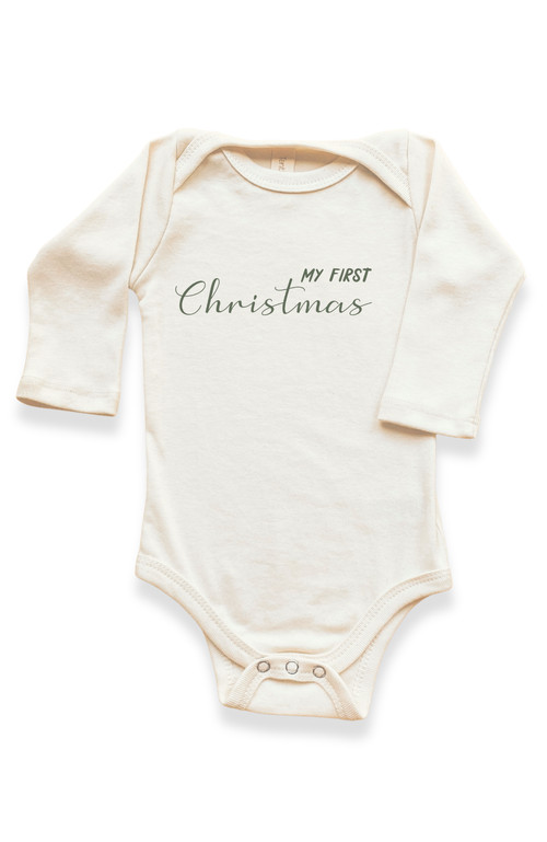 Tenth & Pine My First Christmas - Organic Long Sleeve Baby Bodysuit in Natural Olive Lettering at Nordstrom, Size 0-3M | Nordstrom