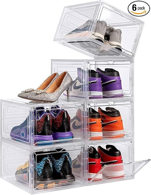 DEZENE Large Sturdy Shoe Storage Boxes: Pack of 6 Stackable Clear Plastic Shoe Organizer Containe... | Amazon (US)