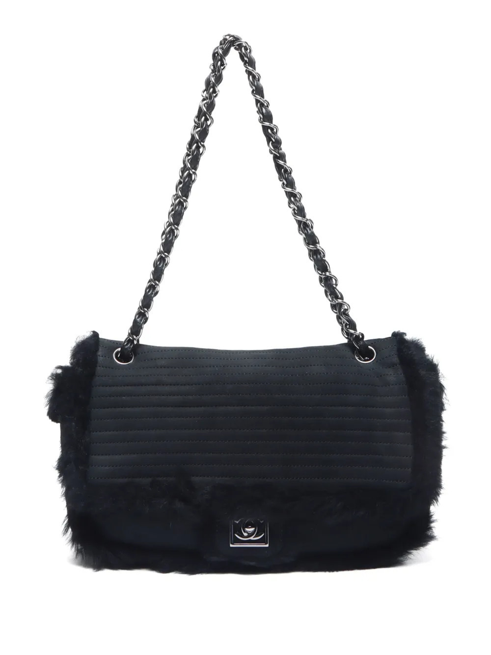 CHANEL Pre-Owned 2007 faux-fur trim shoulder bag - Black | Farfetch Global