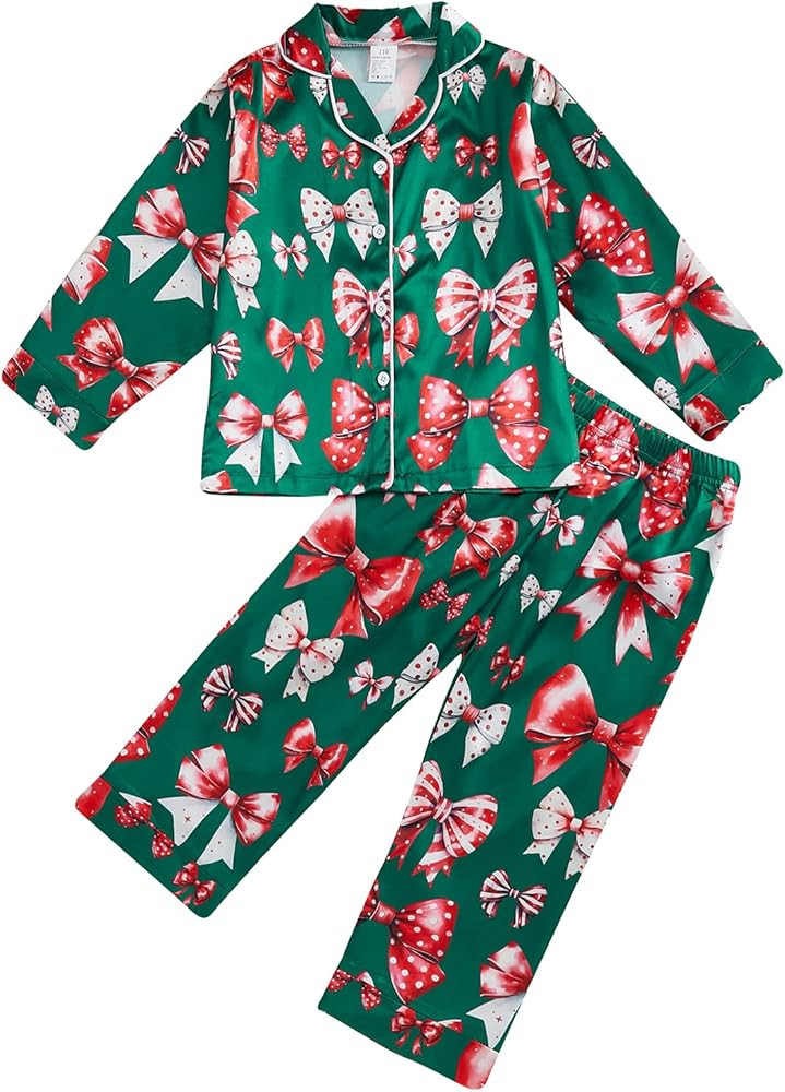 Christmas Pajamas Toddler Girl Santa/Tree/Bow Print 2 Piece Fuzzy Pajama Set Kids Satin Silk PJs ... | Amazon (US)