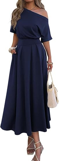 Mieazom Elegant Empire Waist One Shoulder Maxi Dresses for Women Pockets | Off The Shoulder,Summe... | Amazon (US)