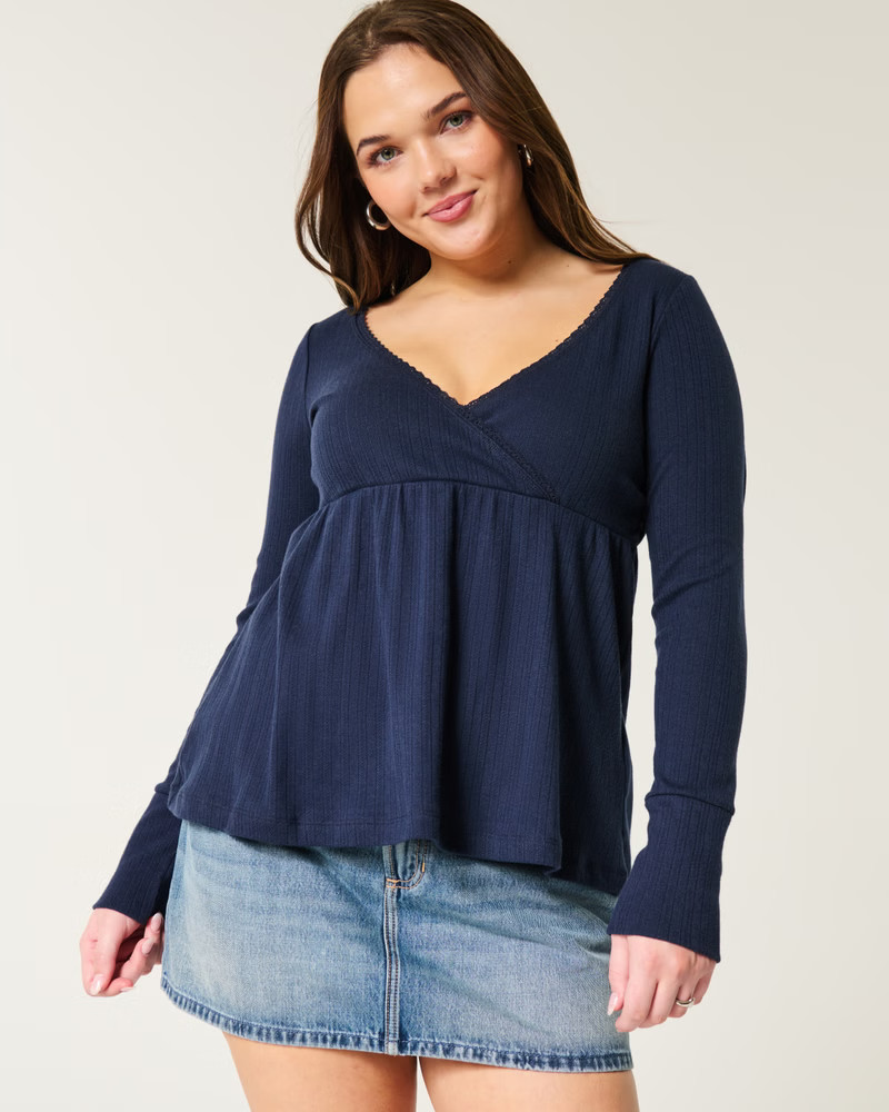 Women's Easy Long-Sleeve Pointelle Babydoll Top | Women's Tops | HollisterCo.com | Hollister (US)