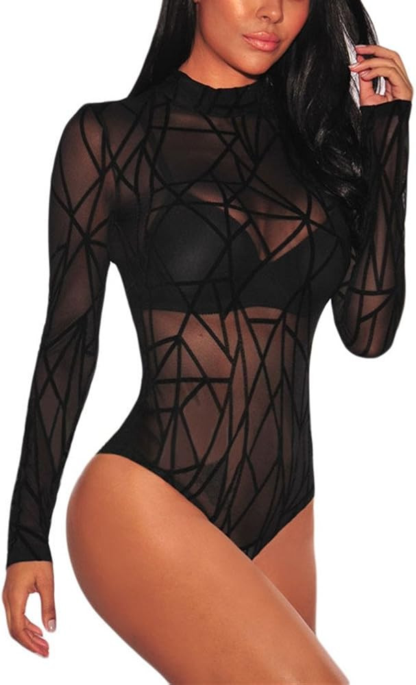 GLUDEAR Womens Sexy Black Sheer Mesh Long Sleeve Jumpsuit Bodysuits Clubwear | Amazon (US)
