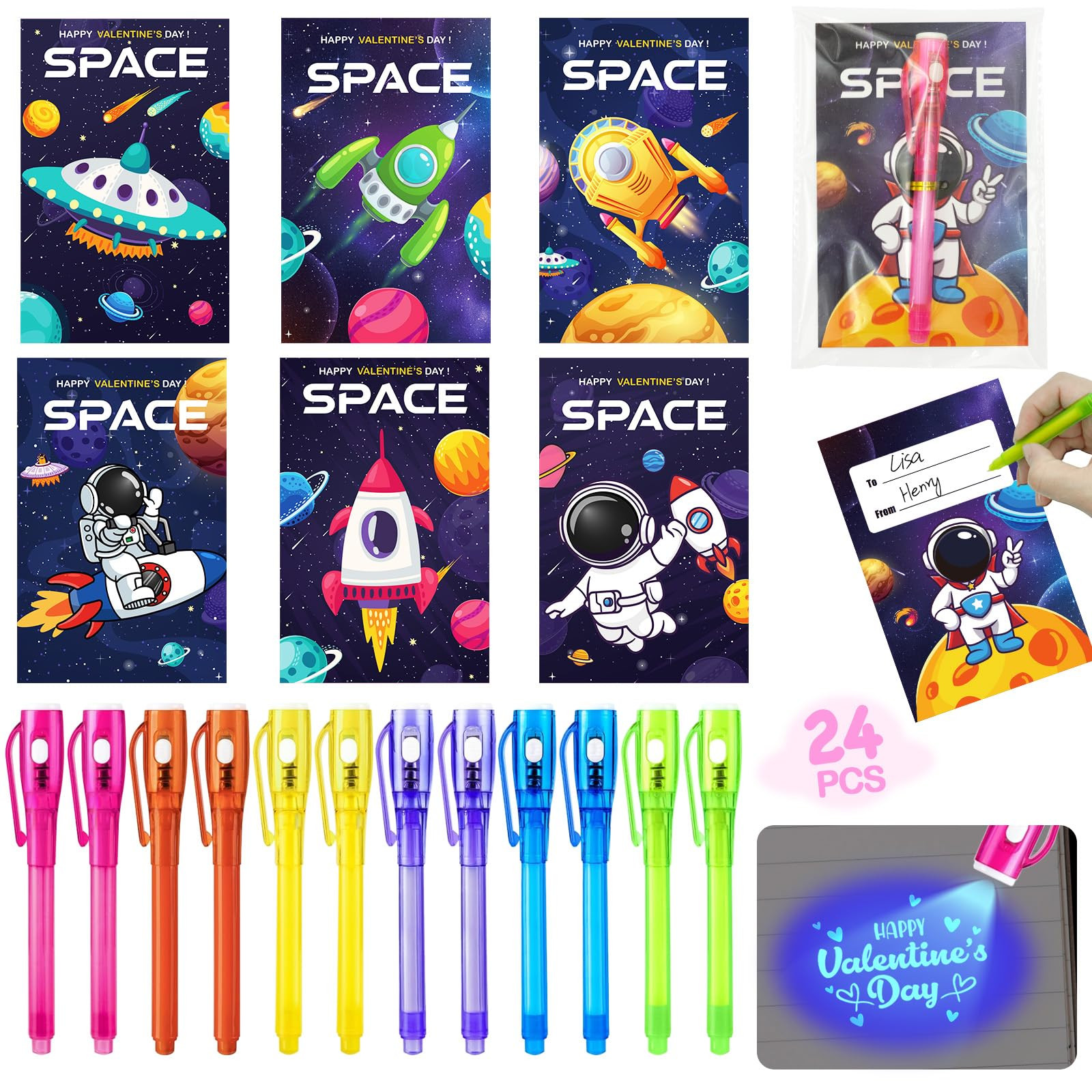 24 Pcs SInvisible Ink Pens with UV Light, Astronaut themed gift card & Goodie Bags,Valentine's Da... | Amazon (US)