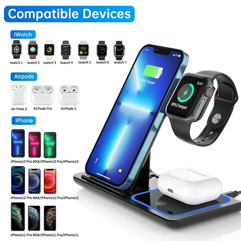 3 in 1 Wireless Charger, 18W Fast Charger Pad Stand Charging Station Dock for iWatch Series SE 8/... | Walmart (US)