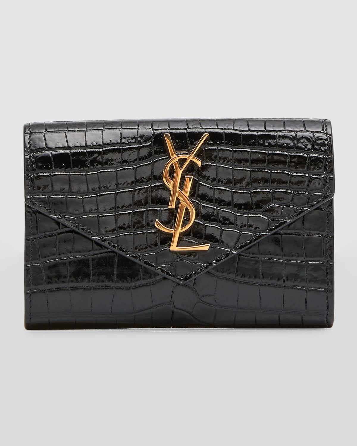 YSL Monogram Small Wallet on Chain in Croc-Embossed Leather | Neiman Marcus