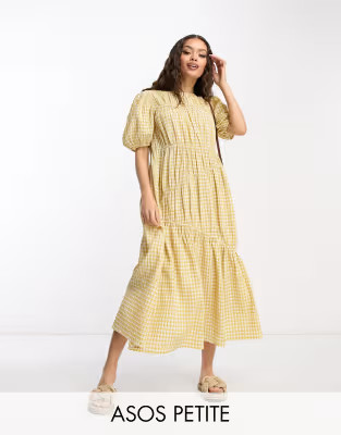 ASOS DESIGN Petite gathered tiered midi dress in yellow picnic check | ASOS (Global)