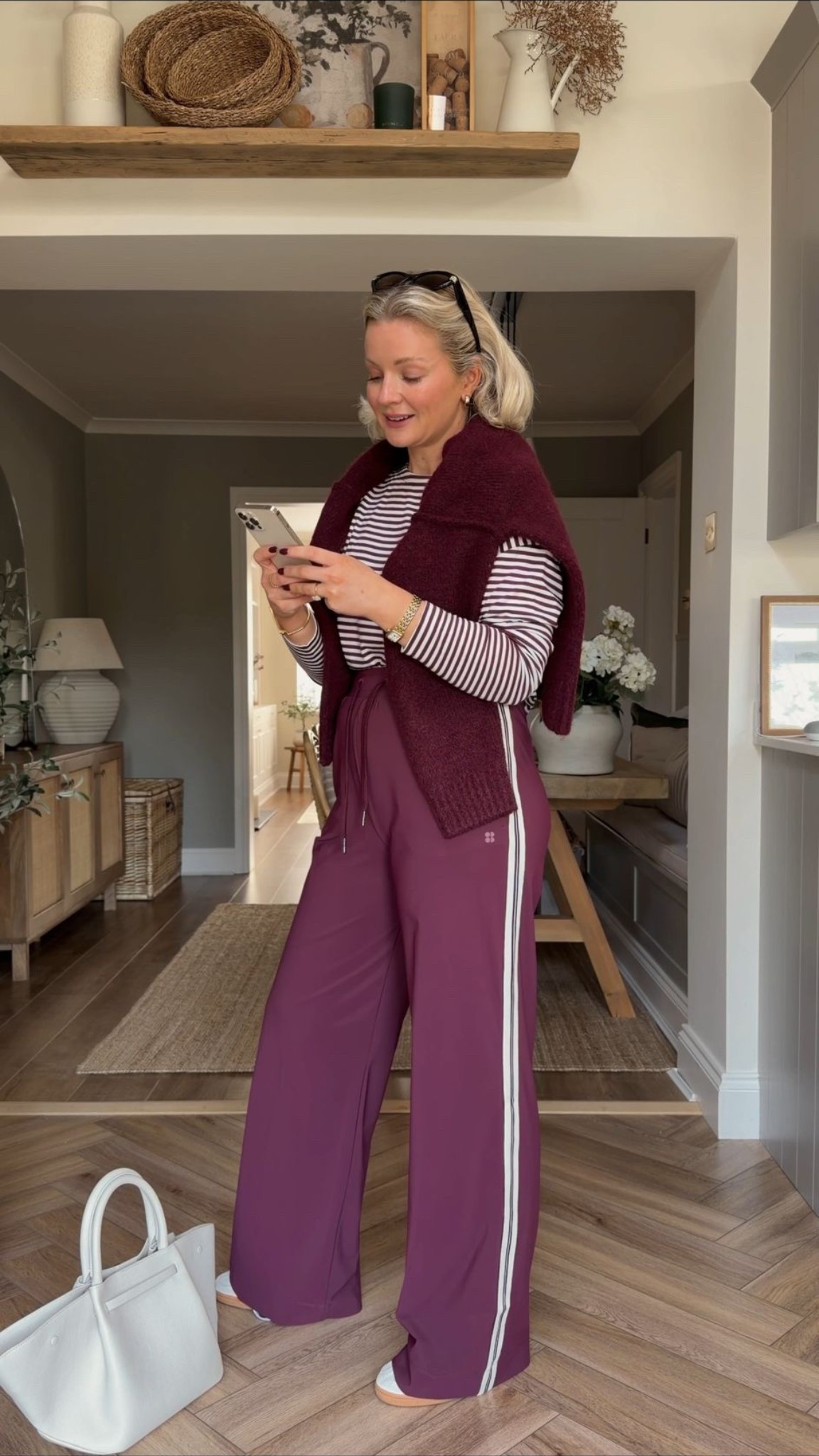 Sweaty Betty autumn outfit - red and white stripe long sleeve essential slash neck t shirt (size S), garnet red explorer side stripe wide leg trousers (size S) & alpine wool crew neck jumper (size S)

#LTKuk #LTKautumn #LTKstyletip