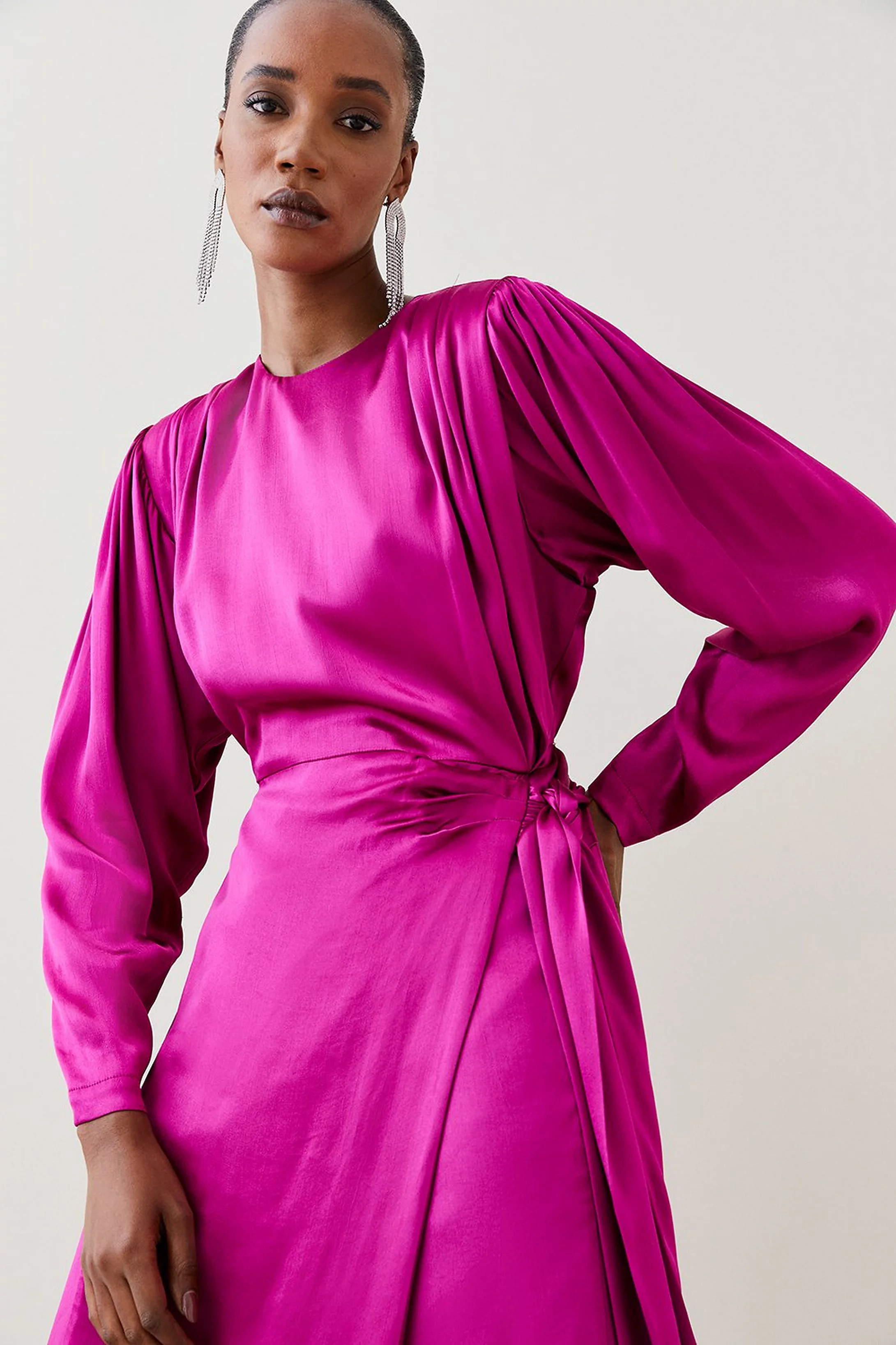 Viscose Satin Satin Batwing Wrap Midi Dress | Karen Millen UK + IE + DE + NL