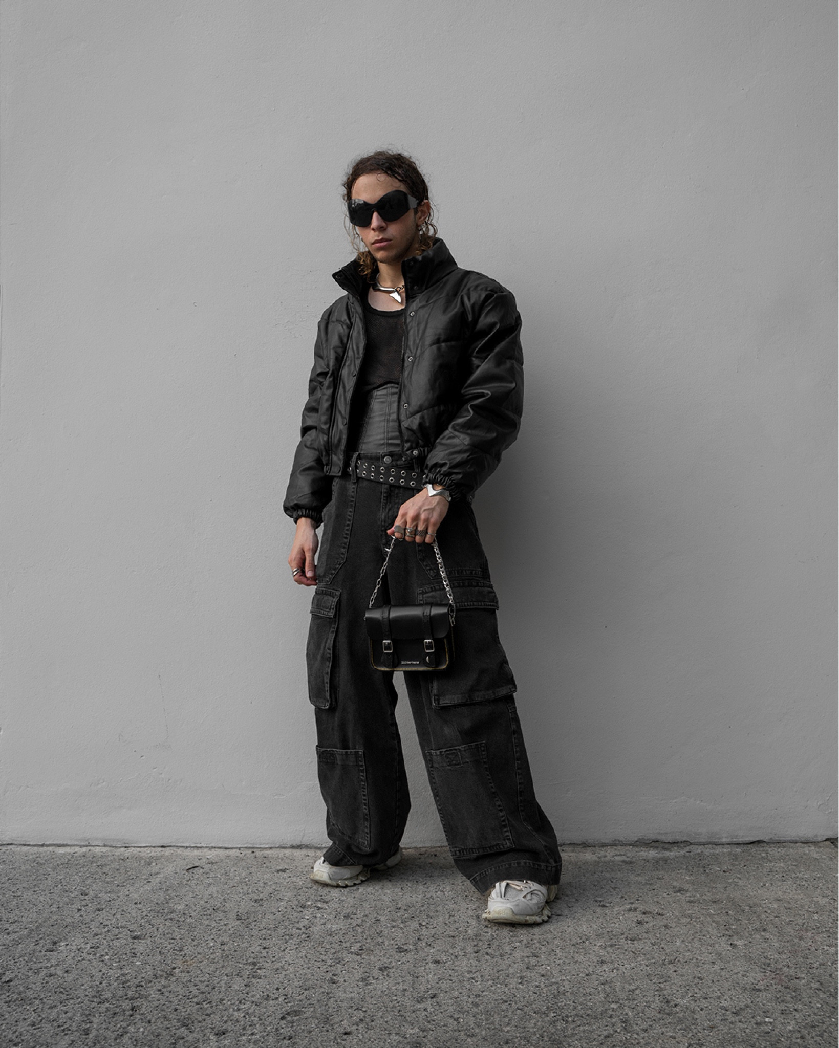 Whole back outfit with white chunky sneakers. Wearing ASOS wide pants, Balenciaga track sneakers and Dr Martens satchel bag

#LTKstyletip #LTKmens