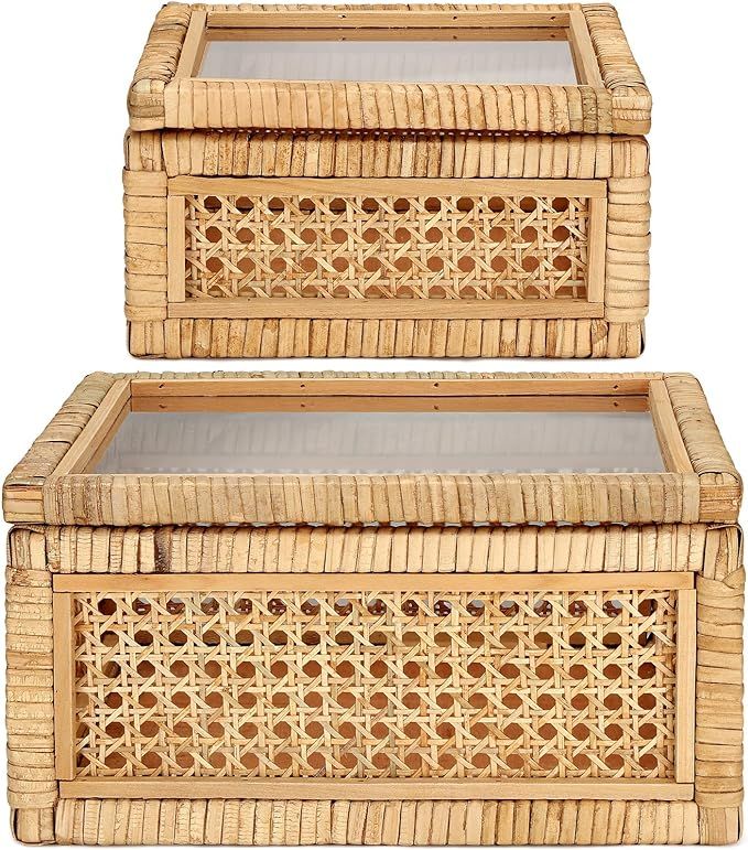 Amyhill Set of 2 Boho Rectangular Rattan Decorative Boxes with Glass Lids Woven Cane and Rattan D... | Amazon (US)