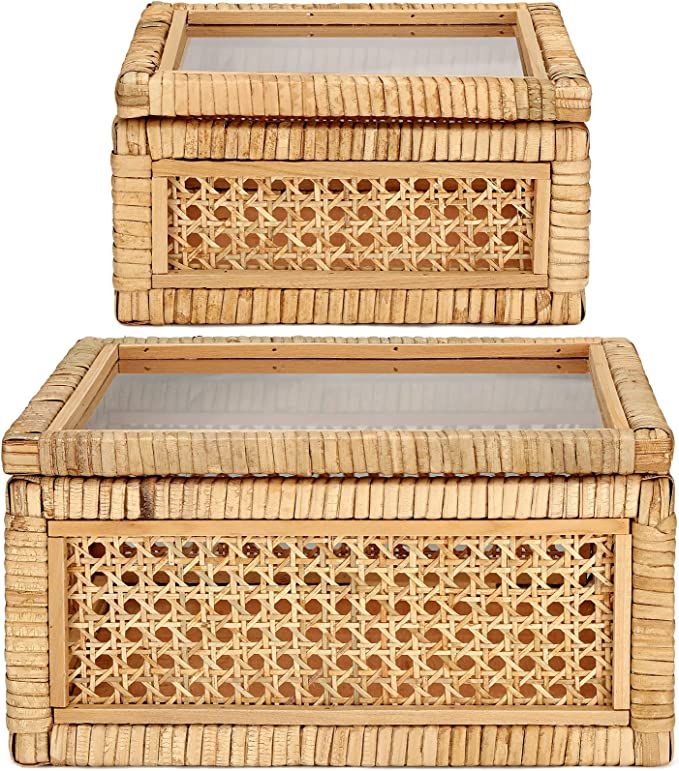 Amyhill Set of 2 Boho Rectangular Rattan Decorative Boxes with Glass Lids Woven Cane and Rattan D... | Amazon (US)