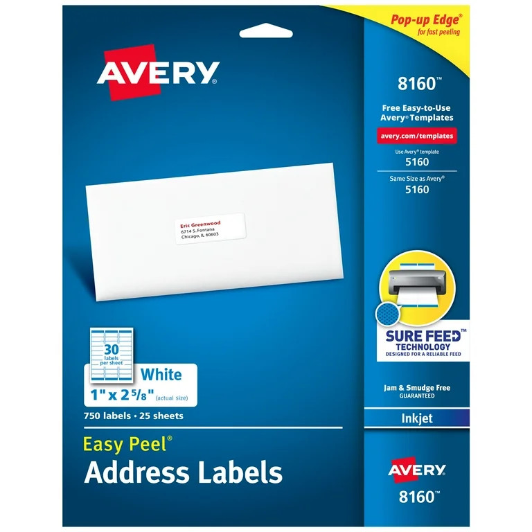 Avery Address Labels, 1" x 2-5/8", White, 750 Labels (8160) | Walmart (US)