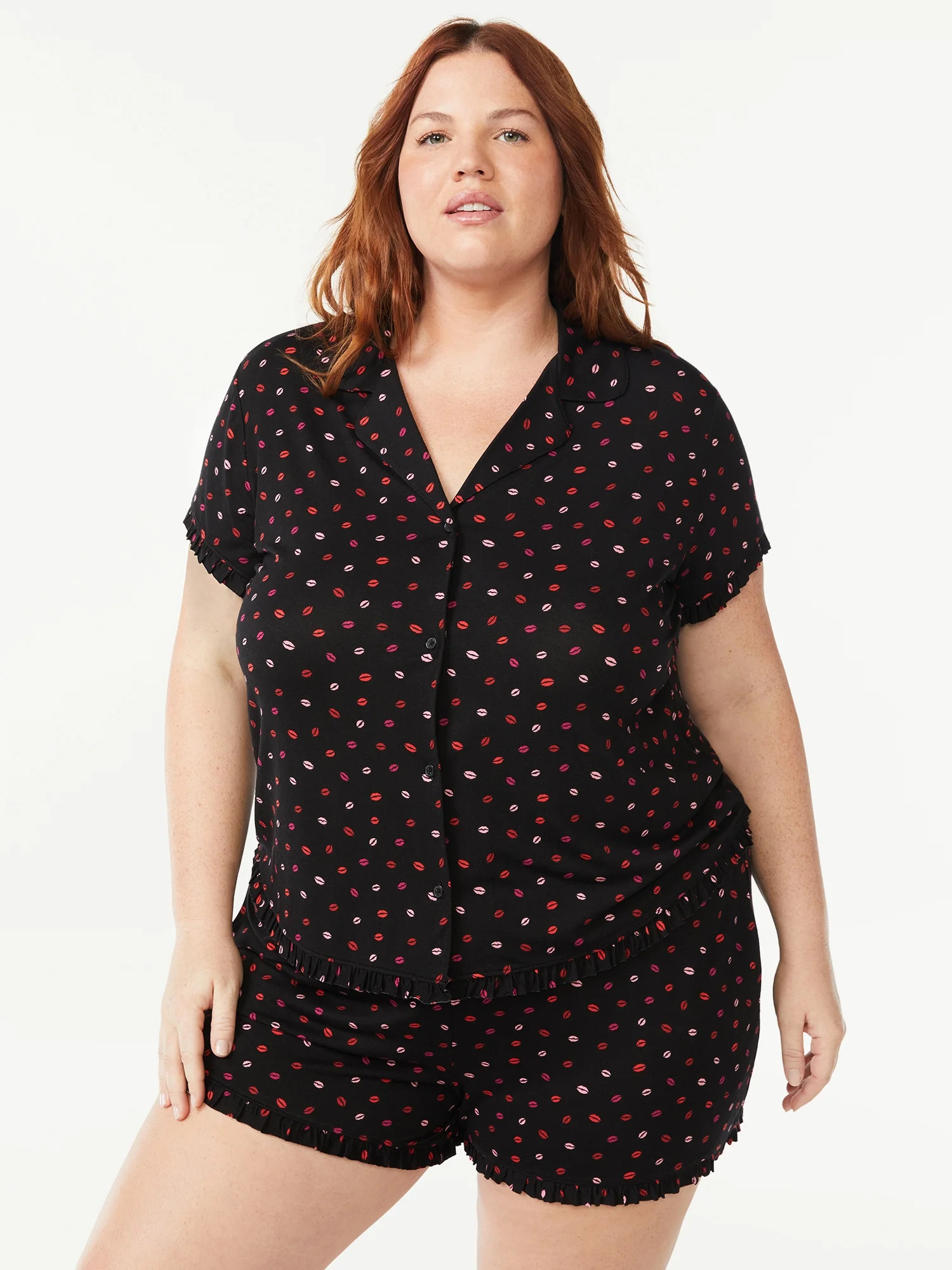 Joyspun Women's Ruffled Pajama Top and Shorts Set, 2-Piece, Sizes up to 3X | Walmart (US)