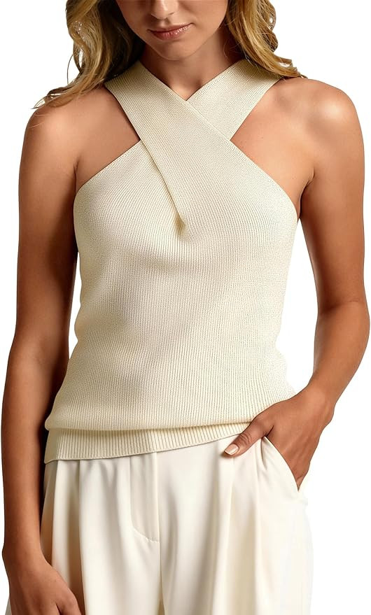 MOHHOM Women's Halter Neck Crossover Sleeveless Ribbed Knit Tank Top Slim Fit Casual Summer Basic... | Amazon (US)