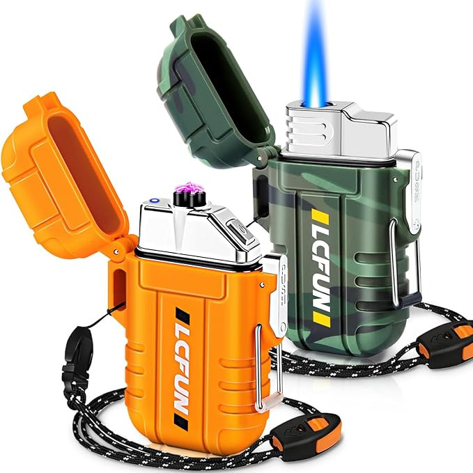 LcFun 2 Pack Waterproof Lighter, Windproof Torch Lighter Butane Refillable, Electric Dual Arc Lig... | Amazon (US)