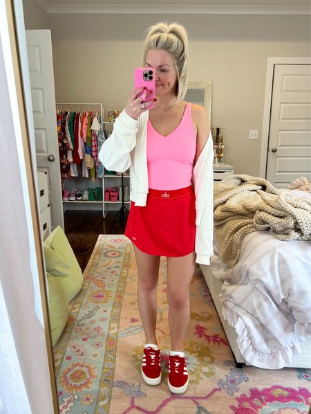 Neon Pink workout top (SM) / pink lululemon align inspired tank / red athletic skirt / red and pink outfit / gazelle platform sneakers / pink Target v neck crop sports bra 

#LTKstyletip #LTKfitness