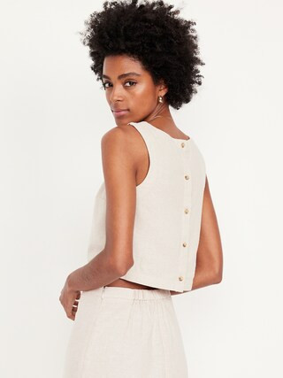 Hi-Neck Button-Back Linen-Blend Top | Old Navy (US)