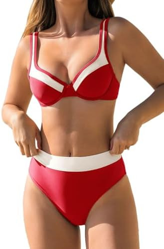 CUPSHE Women's Bikini Sets Two Piece Bathing Suit High Waisted Underwire Wide Adjustable Straps C... | Amazon (US)
