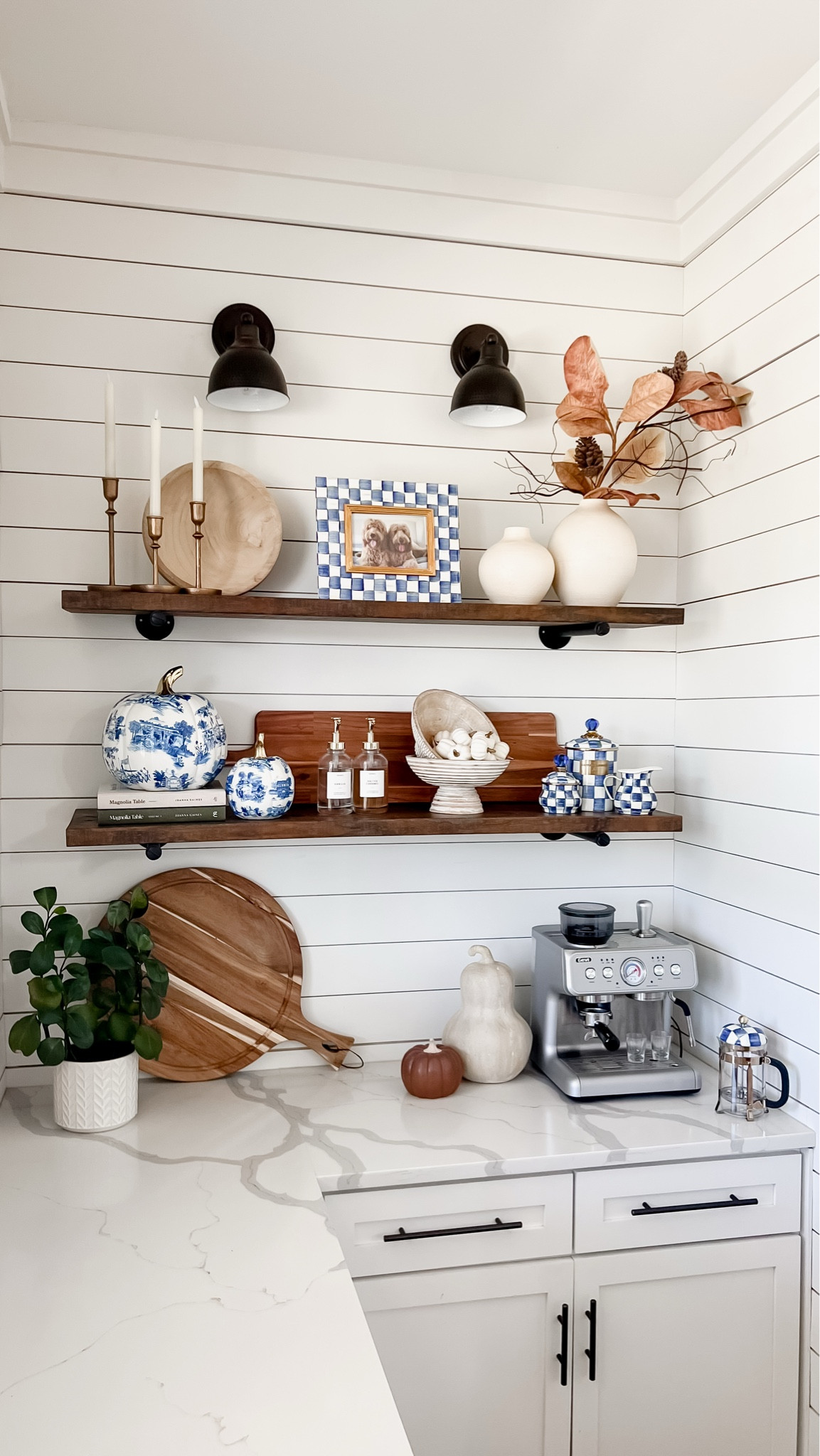 Coffee bar fall decor using royal blue pieces from Mackenzie Childs! I loved how these colors came together for the season. Such a fun mix of muted fall tones and bright happy blue! 

#LTKStyleTip #LTKHome #LTKSeasonal