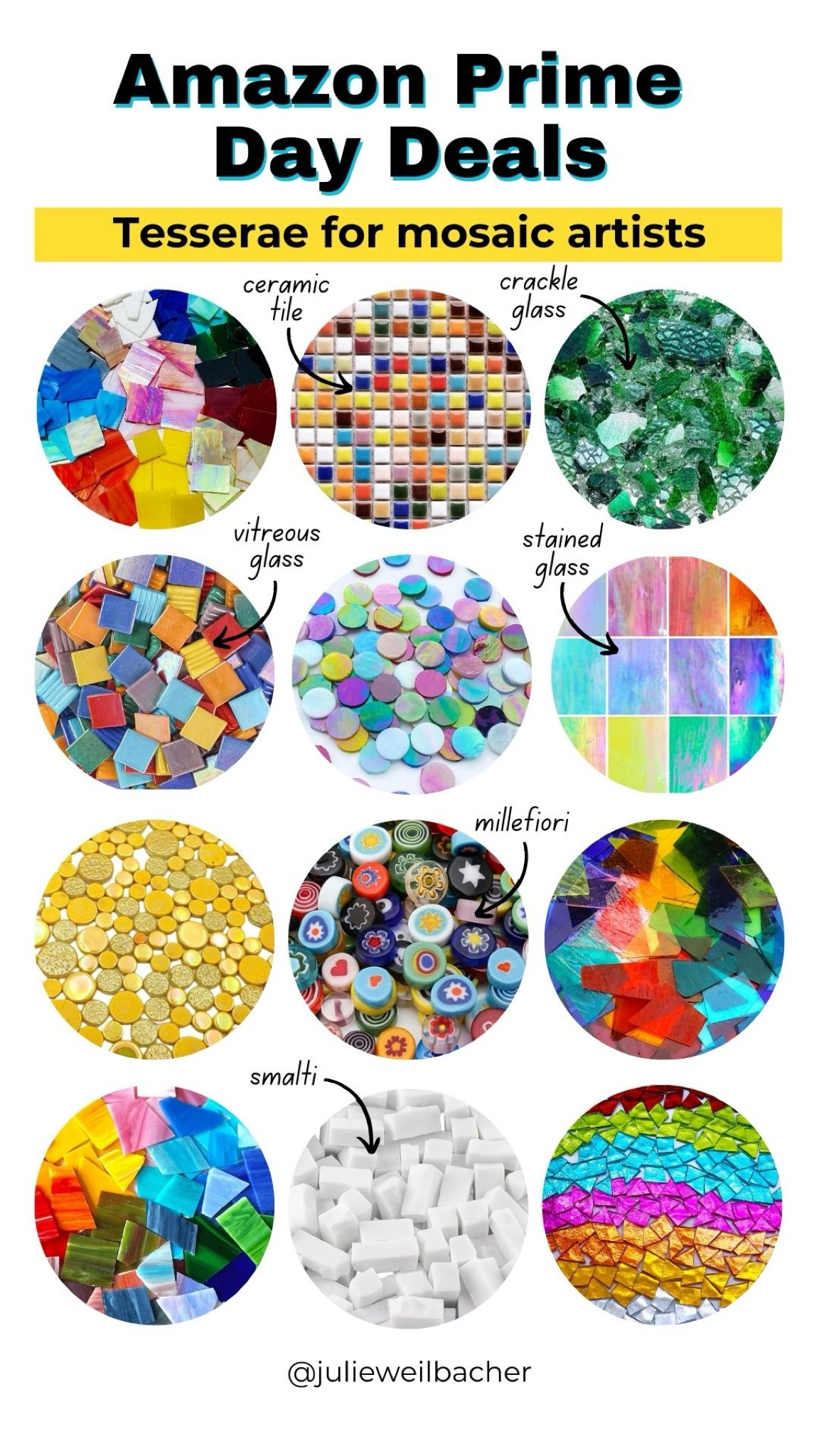 Amazon Prime Day Deals for mosaic artists ⭐️ This collection features tesserae. ⭐️ For mosaic tips, tutorials, inspiration, and so much more please visit my YouTube channel: YouTube.com/julieweilbacher. Follow @julieweilbacher on Instagram for all things mosaic art. stained glass - ceramic tile - mosaic - glass tile - millefiori - mosaic art - smalti

#LTKFindsUnder50 #LTKSaleAlert #LTKHome