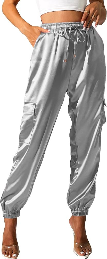 Women's Satin Cargo Joggers Pants Dressy Casual Silky Elastic High Waist Trousers | Amazon (US)