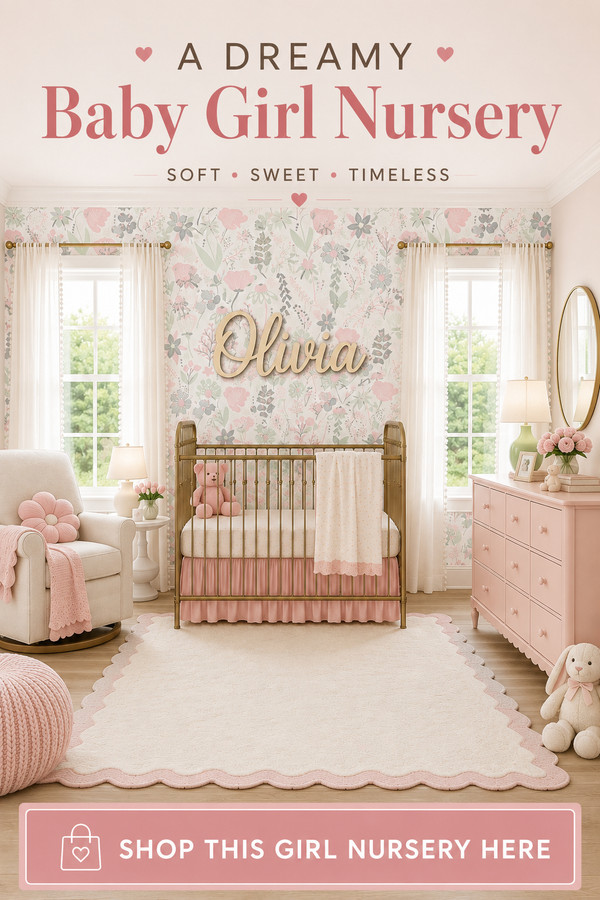 Create a dreamy baby girl nursery with soft floral wallpaper, a blush pink dresser, a gold crib, cozy seating, and timel