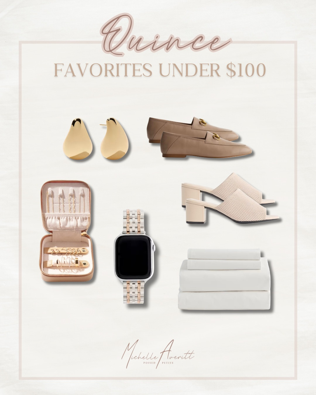 My affordable finds at Quince! Quince is one of my favorite retailers, they truly offer everything you could need!

These loafers and heeled sandals elevate any outfit. A chic Apple Watch band and gold earrings slide perfectly into this high quality jewelry box. The organic cotton sheet set sets you up for a relaxing end to your night.

affordable essentials, petite accessories, fashion over 40, petite style 

 #LTKdayinmylife #LTKOver40 #LTKPetite