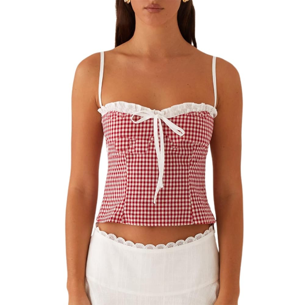 Womens Sexy Lace Trim Camisole Tank Tops Y2k Slim Fit Corset Going Out Streetwear Ruffle Spaghett... | Amazon (US)