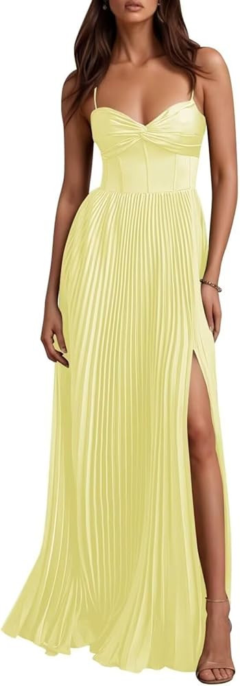Satin Pleated Bridesmaid Dresses Long with Slit for Women Spaghetti Straps A Line Formal Evening ... | Amazon (US)