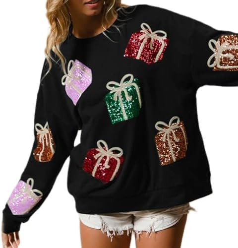 UAURORAO Women Glitter Christmas Sweatshirts Oversized Sequin Funny Shirts Long Sleeve Sparkly Xm... | Amazon (US)