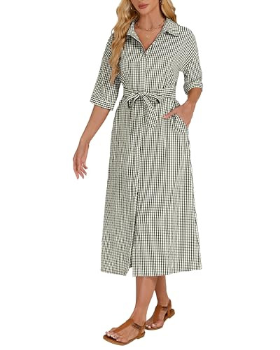 Women's Half Sleeve Plaid Maxi Dress 2026 Spring Summer Gingham Casual Button Down Long Loose Bel... | Amazon (US)