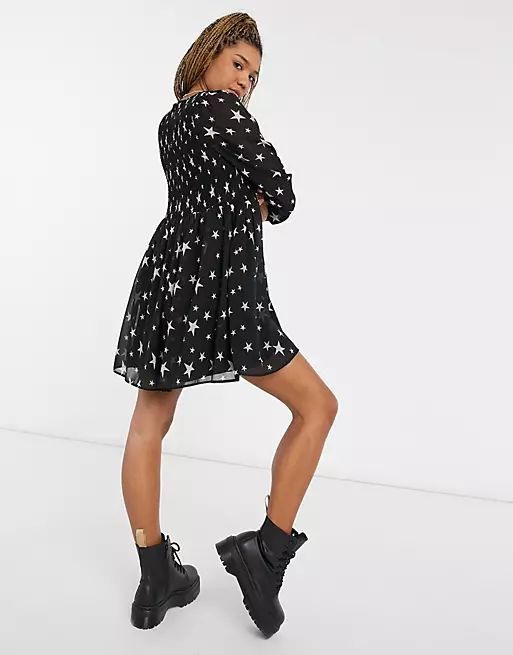 ASOS DESIGN shirred mini smock dress in star print | ASOS (Global)