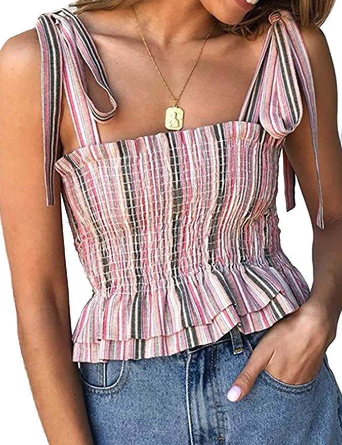 KAMISSY Women's Frill Smocked Crop Tank Top Tie Shoulder Strap Vest | Amazon (US)