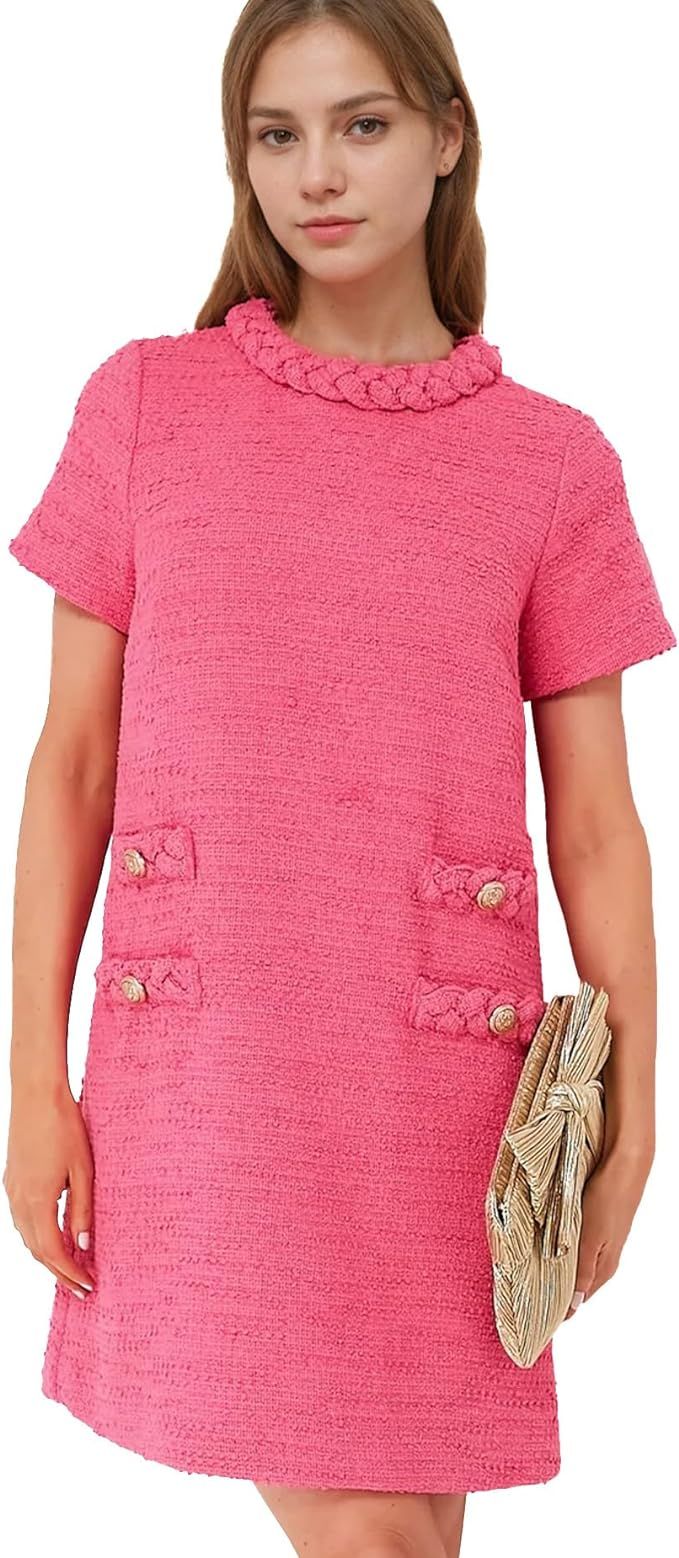 Yioaga Womens Tweed Jackie Dress Elegant Crew Neck Short Sleeve Button Bodycon Mini Dress | Amazon (US)