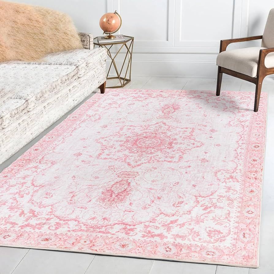 Area Rug - Vintage 5'x7' Honeycomb Non-Slip Backing Area Rugs Pink Soft Faux Wool Carpet Foldable... | Amazon (US)