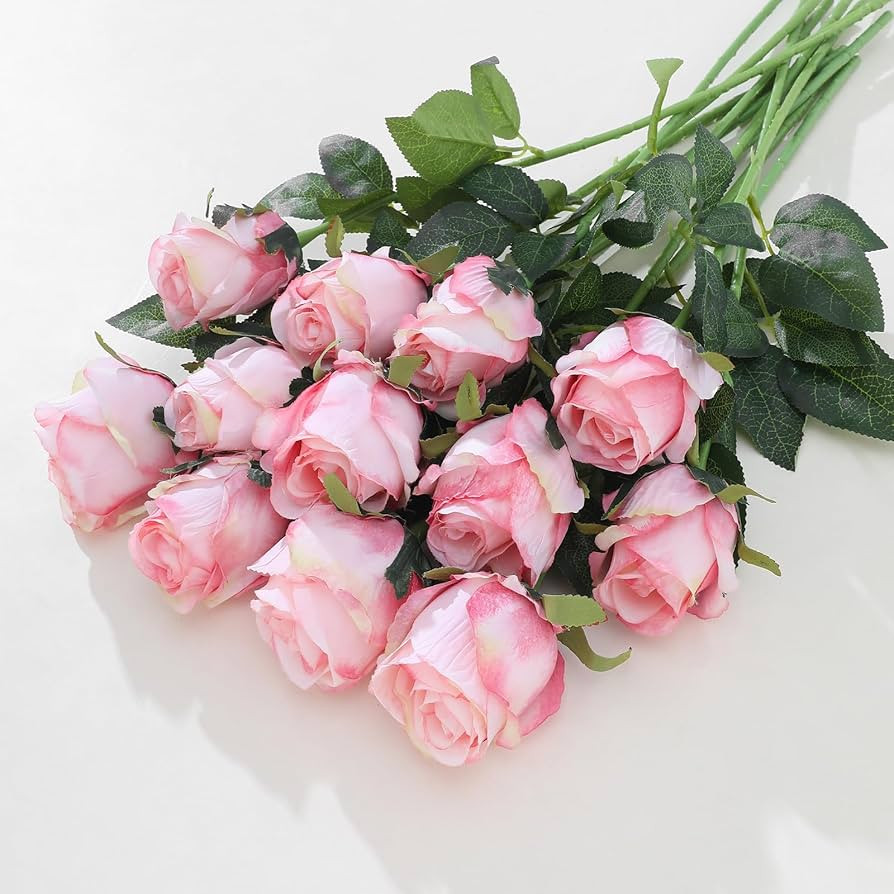 LILUYTO 12Pcs Realistic Fake Light Pink Roses Faux Flowers with Long Stems, Artificial Silk Rose ... | Amazon (US)