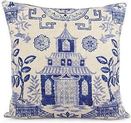 Pillowcase Decor Cover Blue Beige Teahouse Pagoda and Velvet 18x18 Square Chinoiserie Toss Pillow... | Amazon (US)