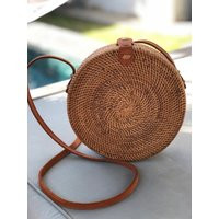 Natural round straw round shoulder bag with genuine leather strap | Etsy (US)