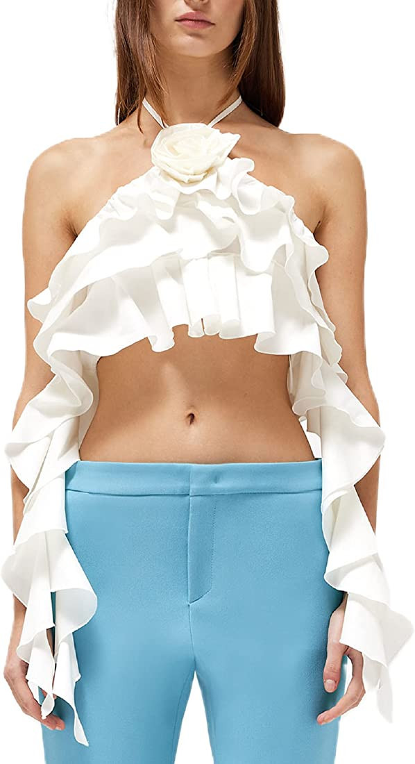 KMBANGI Floral Sexy Tank Top Women Y2k Ruffles Frill Halter Crop Tops Sleeveless Off Shoulder Bac... | Amazon (US)
