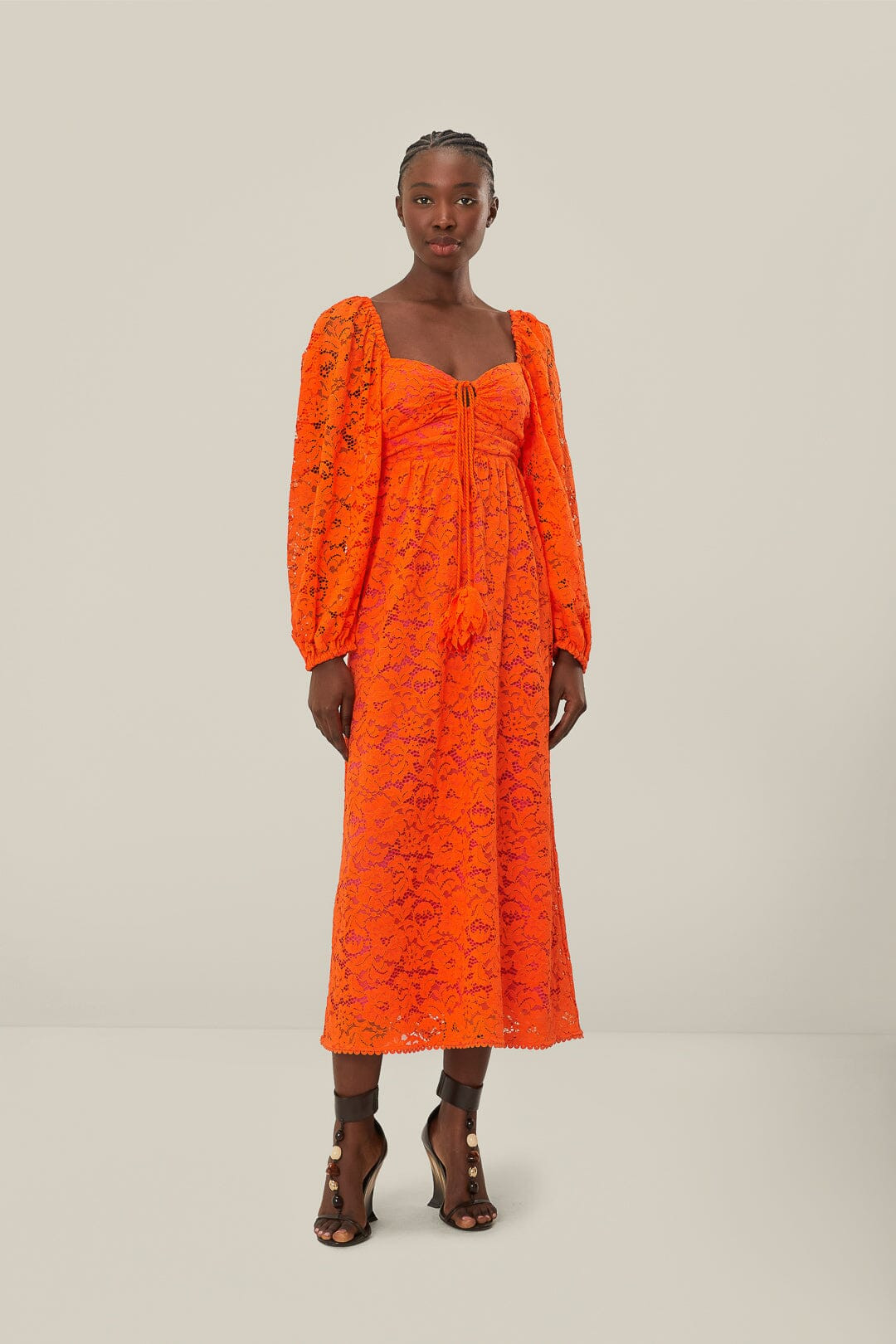 Orange Lace Long Sleeve Midi Dress | FarmRio (US)