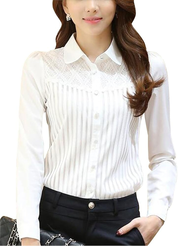 Womens Vintage Victorian Pleated Button Down Shirt Long Sleeve Stretch Blouse | Amazon (US)